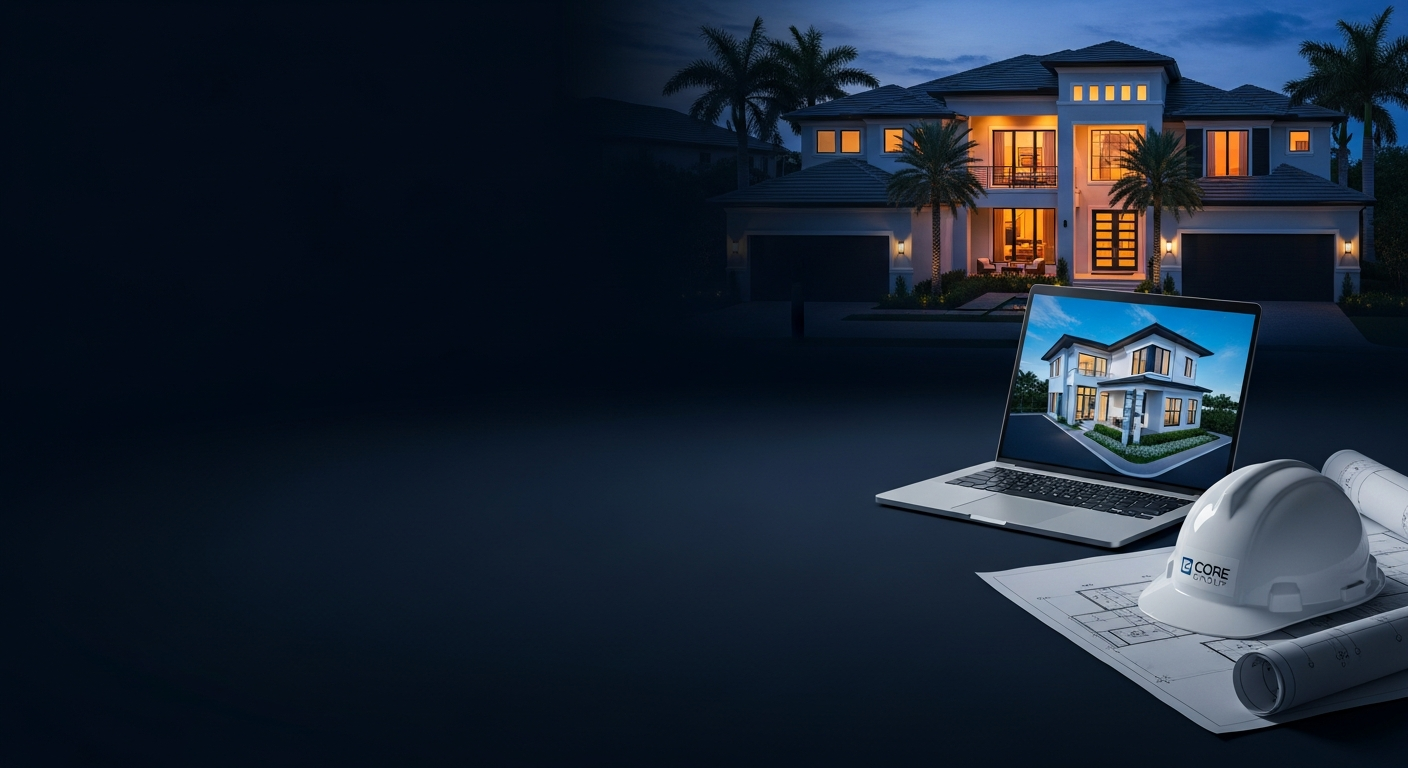 Blueprints, laptop and hard hat in front of a modern Florida home at dusk